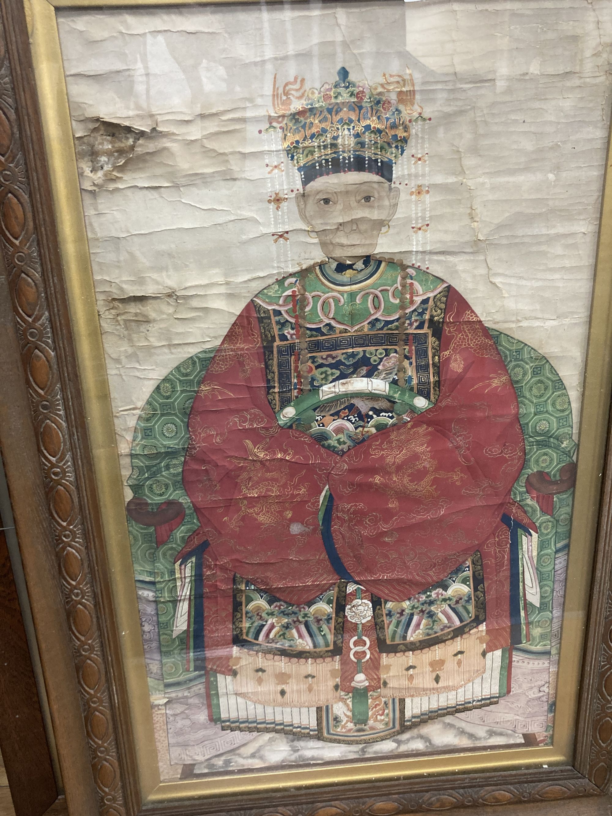 A pair of Chinese painted ancestor portraits, late Qing, 71 x 40cm
